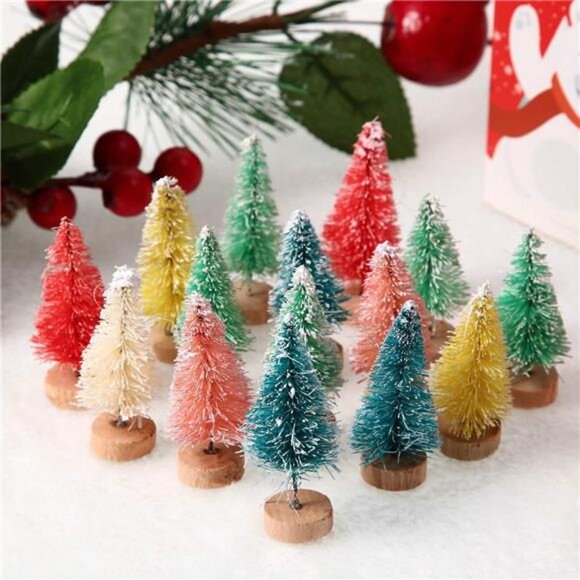Artificial Mini Christmas Trees Bottle Brush Trees Snow Frosted Trees with Wood - Picture 5 of 8